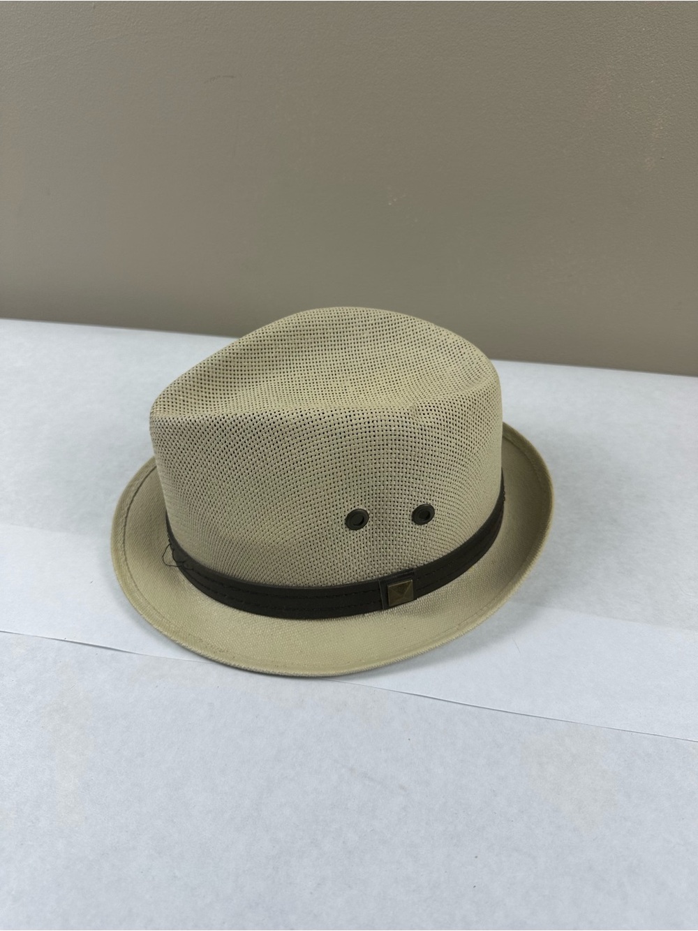 Jen West Lightweight Cream Straw Fedora with Contrasting Brown Band- Size Small